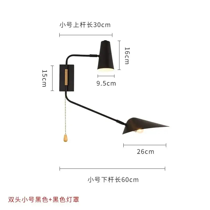 Modern black and gold decorbites adjustable double head wall lamp with matte metal arms and brass pull chain for bedroom decor