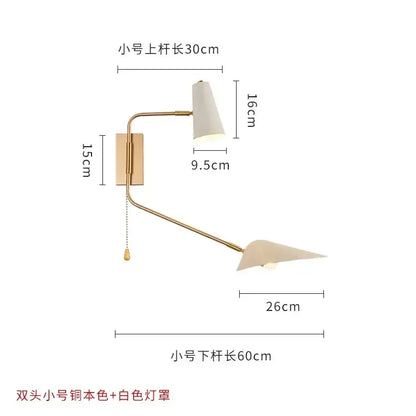 Gold-toned decorbites adjustable double head wall lamp with white lampshades for modern bedroom sconce decor