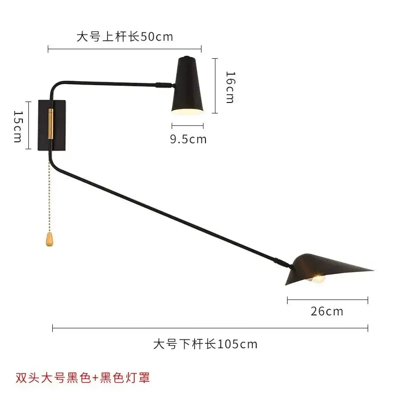 Modern black and gold decorbites adjustable double head wall lamp with matte metal arms and conical shades for bedroom decor