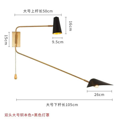 Modern black and gold adjustable double head wall lamp with gold-toned sconce and wooden pull chain decorbites adjustable double