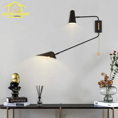 Modern black and gold wall lamp with decorbites adjustable double head arms for bedroom sconce lighting