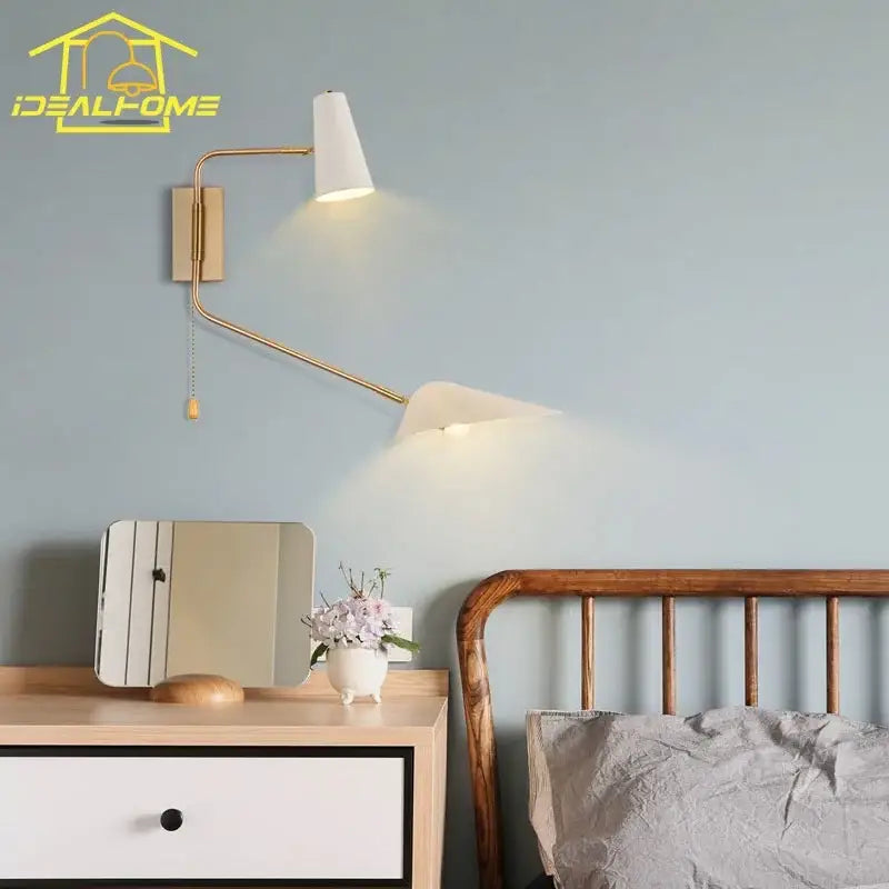 Modern black and gold wall lamp with white conical shade and decorbites adjustable double head arm for bedroom sconce decor