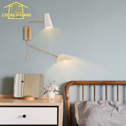 Modern black and gold wall lamp with white conical shade and decorbites adjustable double head arm for bedroom sconce decor