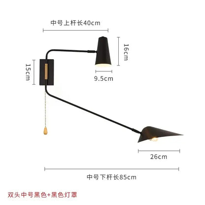 Modern black and gold decorbites adjustable double head wall lamp with matte metal arms and brass pull chain switch control