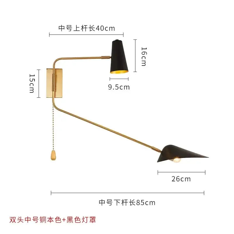 Modern black and gold decorbites adjustable double head wall lamp with conical shades and pull chain switch for bedroom decor