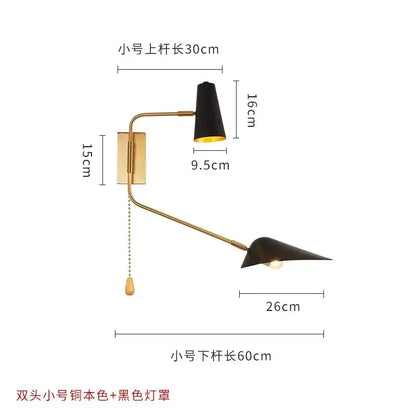 Modern black and gold brass-finished decorbites adjustable double head wall lamp with black shades and pull-chain switch