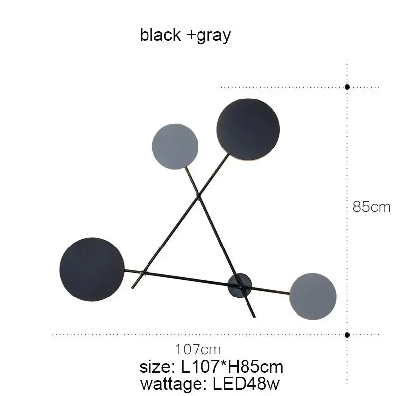 Modern black and gray geometric wall sconce with circular discs and slender rods decorbites adjustable rotating led light
