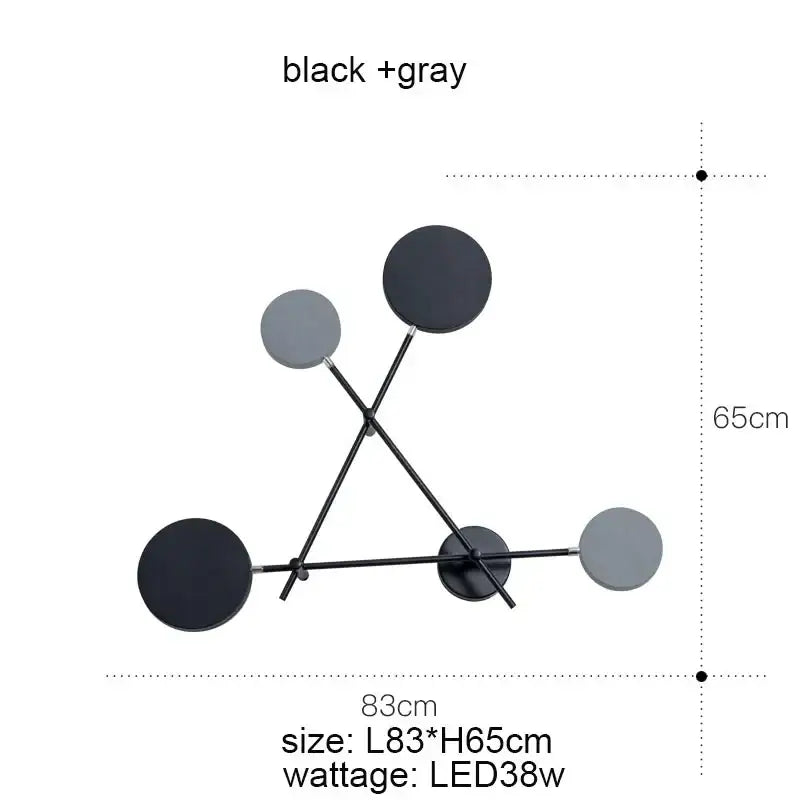Modern black and gray geometric wall sconce with circular discs in a triangular pattern decorbites adjustable rotating led light
