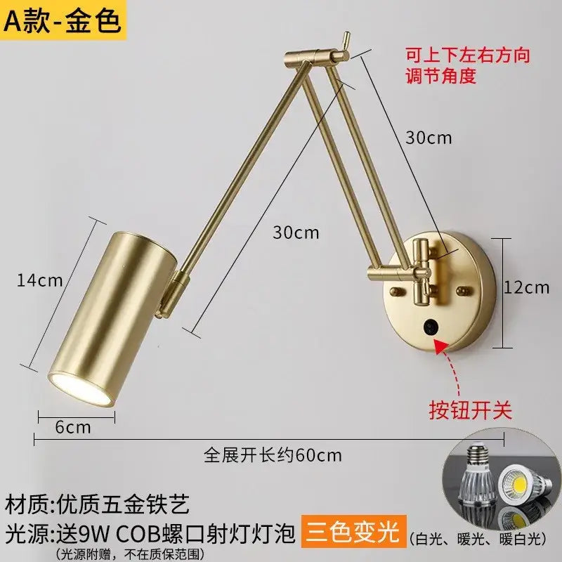 Gold-colored decorbites adjustable swing wall lamp with cylindrical head and articulated arms for bedroom sconce decor