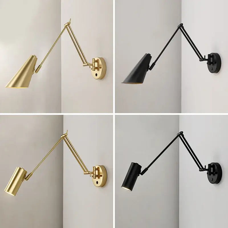 Modern black and gold wall lamp with decorbites adjustable swing arm and conical heads for bedroom sconce lighting