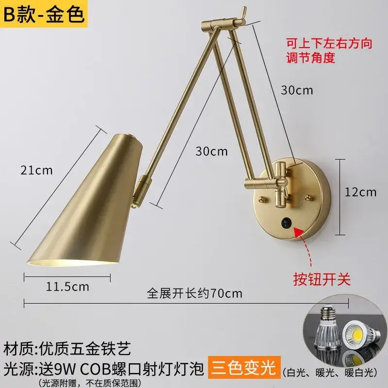 Gold-colored wall lamp with conical shade and decorbites adjustable swing arm for modern bedroom sconce lighting