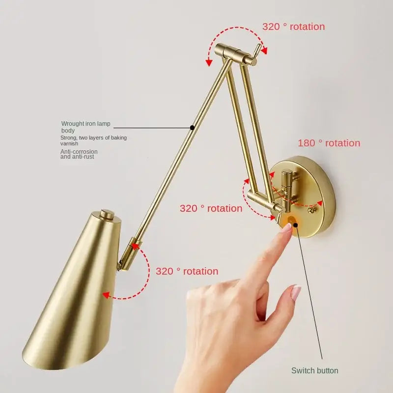 Gold-finished wrought iron wall lamp with adjustable swing arm and conical shade for modern bedroom decorbites sconce