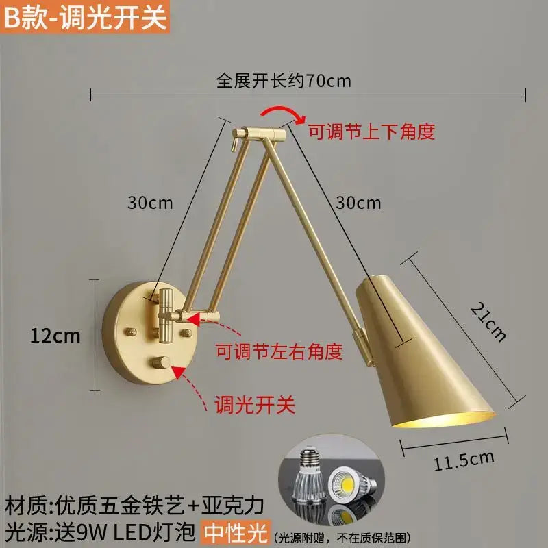Gold-colored brass wall lamp with articulated adjustable swing arm for modern black and gold bedroom decorbites adjustable swing