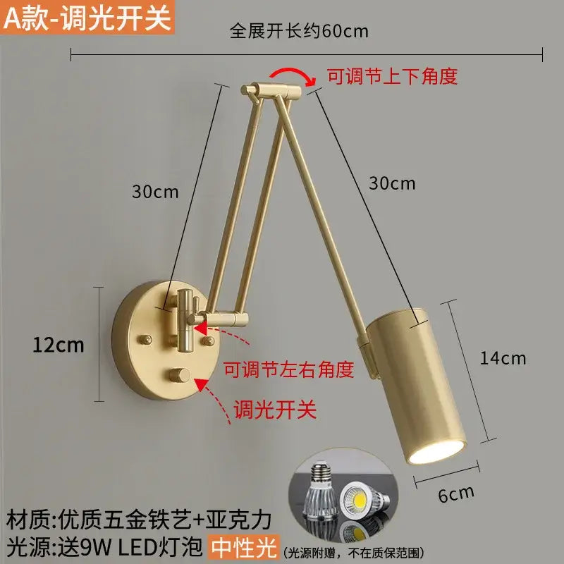 Modern black and gold wall lamp with gold-toned adjustable swing arm and cylindrical shade for bedroom decorbites adjustable swing