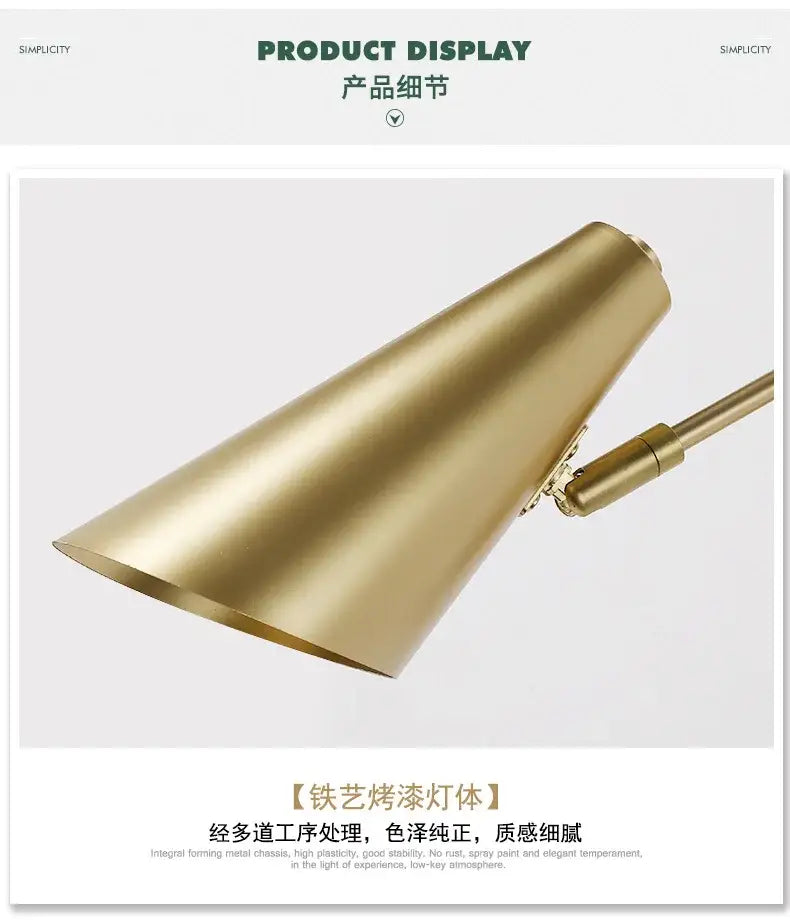 Modern black and gold wall lamp with gold-finished metal adjustable swing arm and conical shade for bedroom decorbites