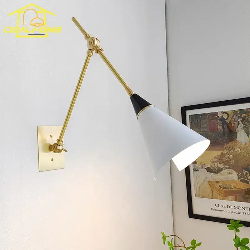 Gold-finished adjustable wall lamp with white conical shade and black trim decorbites athena black kitchen sconce