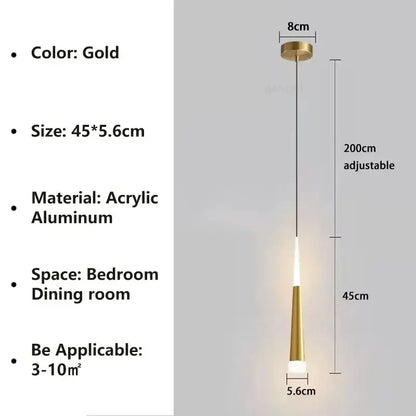 Modern black and gold aluminum cord pendant light with a sleek gold acrylic conical design and adjustable length