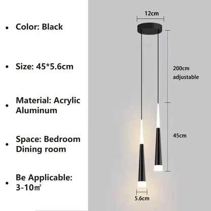 Modern black and gold aluminum cord pendant light with two tapered cones emitting warm white illumination for bedroom