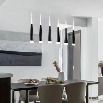 Set of five modern black and white aluminum cord pendant lights with conical design for bedroom lighting