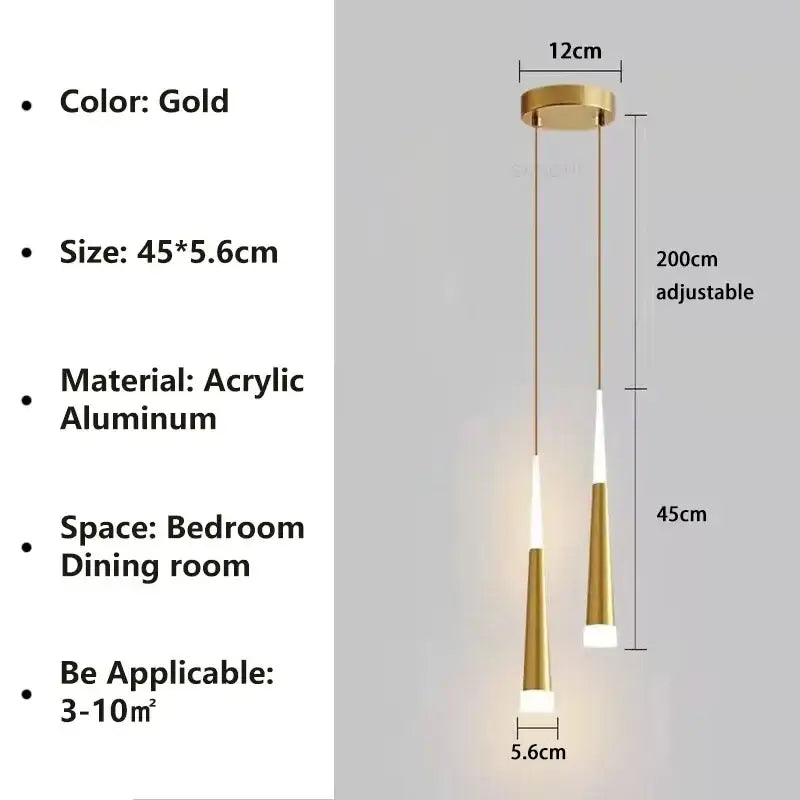 Modern black and gold aluminum cord pendant light with gold-toned adjustable fixtures and acrylic design for bedroom lighting
