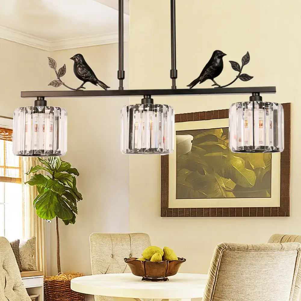 DecorBites modern black gold chandelier lamp with bird accents and three clear crystal drum shade pendant lights
