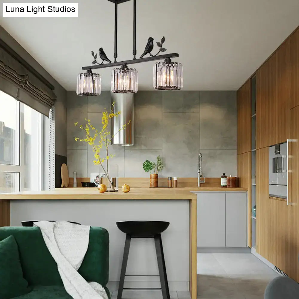 DecorBites modern black gold chandelier lamp with clear crystal drum shade and bird accent three heads hanging fixture