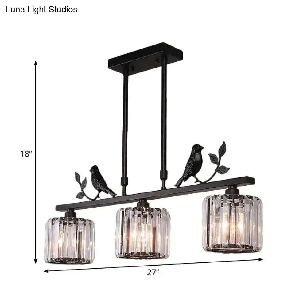 Black gold decorbites modern chandelier with clear crystal drum shade and bird accents on a black metal pendant light