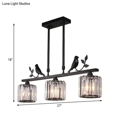 Black gold decorbites modern chandelier with clear crystal drum shade and bird accents on a black metal pendant light