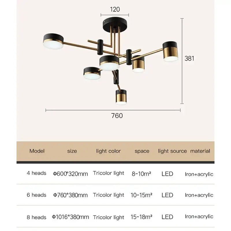 Modern black and gold branch led chandelier with six sleek gold-toned arms and cylindrical led bulbs for decorbites black branch lighting