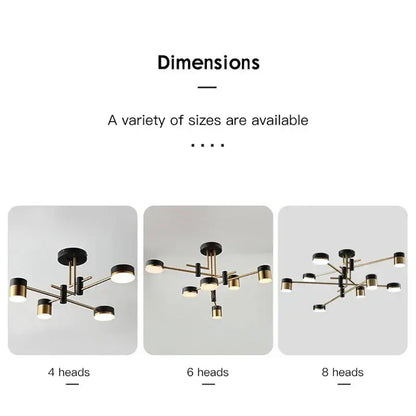 Modern black and brass decorbites black branch led chandelier with multiple light heads for living room lighting