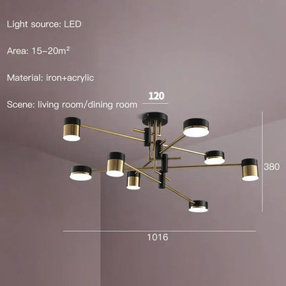 Modern black and brass-toned decorbites black branch led chandelier with geometric branch design for living room lighting