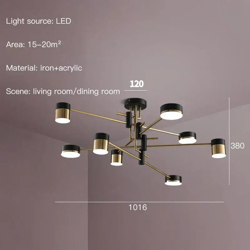 Modern black and brass-toned decorbites black branch led chandelier with geometric branch design for living room lighting