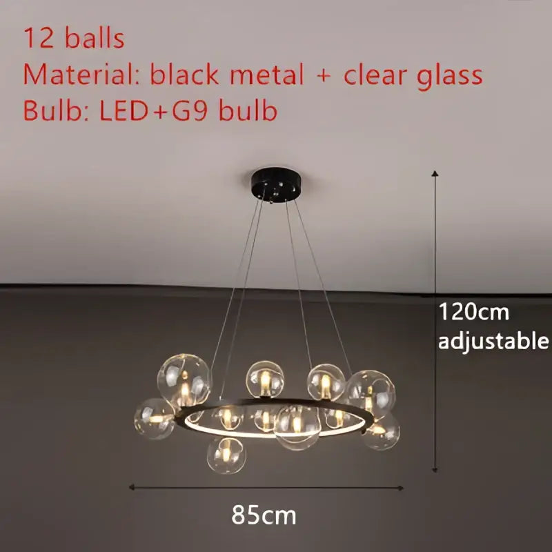 Modern black and gold branching bubbles chandelier with 12 clear glass spheres and led g9 bulbs for dining room decorbites