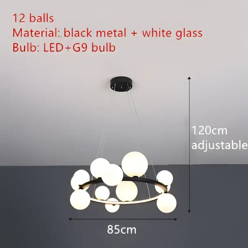 Modern black and gold branching bubbles chandelier with twelve white glass spheres for dining room decorbites lighting