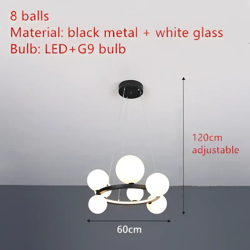 Modern black and gold branching bubbles chandelier with eight white glass spheres and led g9 bulbs for dining room decorbites