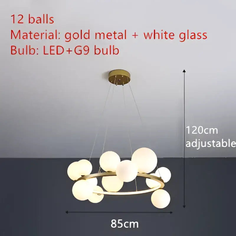 Modern black and gold branching bubbles chandelier with twelve frosted white glass spheres on adjustable chains for dining room decorbites branching bubbles