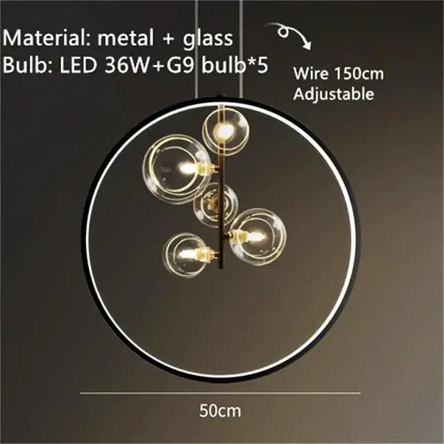 Modern black and gold branching bubbles chandelier featuring a circular pendant light with five clear glass globe bulbs suspended from an adjustable wire