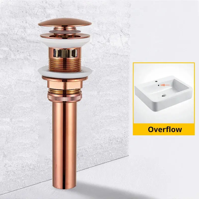 Modern black and gold brass basin sink pop up drain with a copper-toned overflow drain and white ceramic flange for decorbites brass basin