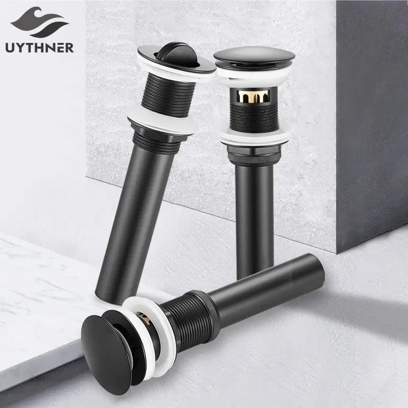 Modern black and gold brass basin sink pop up drain stopper with black matte finish and white rubber seal for decorbites brass basin