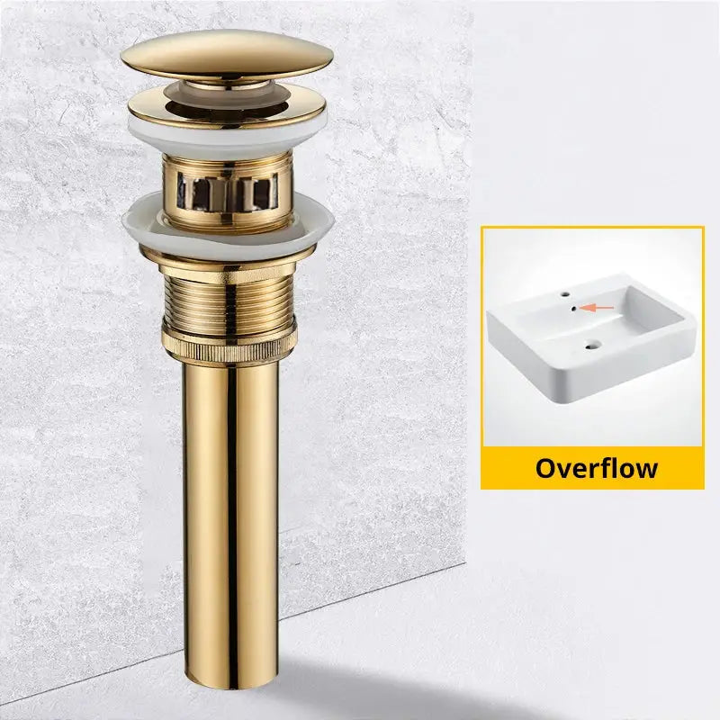 Modern black and gold brass basin sink pop up drain with gold-toned metal overflow and white ceramic flange for decorbites brass basin
