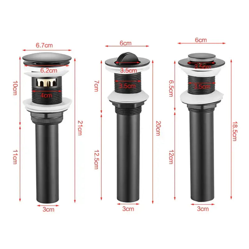 Three black and gold brass basin sink pop up drains with cylindrical bodies and varying heights for bathroom decorbites brass basin