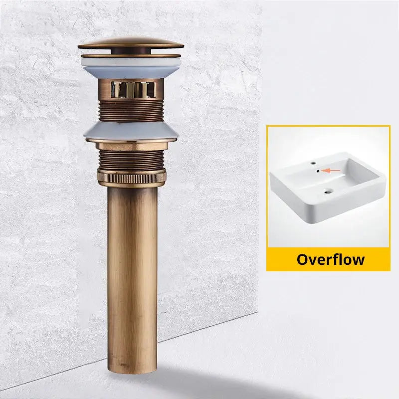 Antique brass-finished decorbites brass basin sink pop up drain with cylindrical body and layered metallic components
