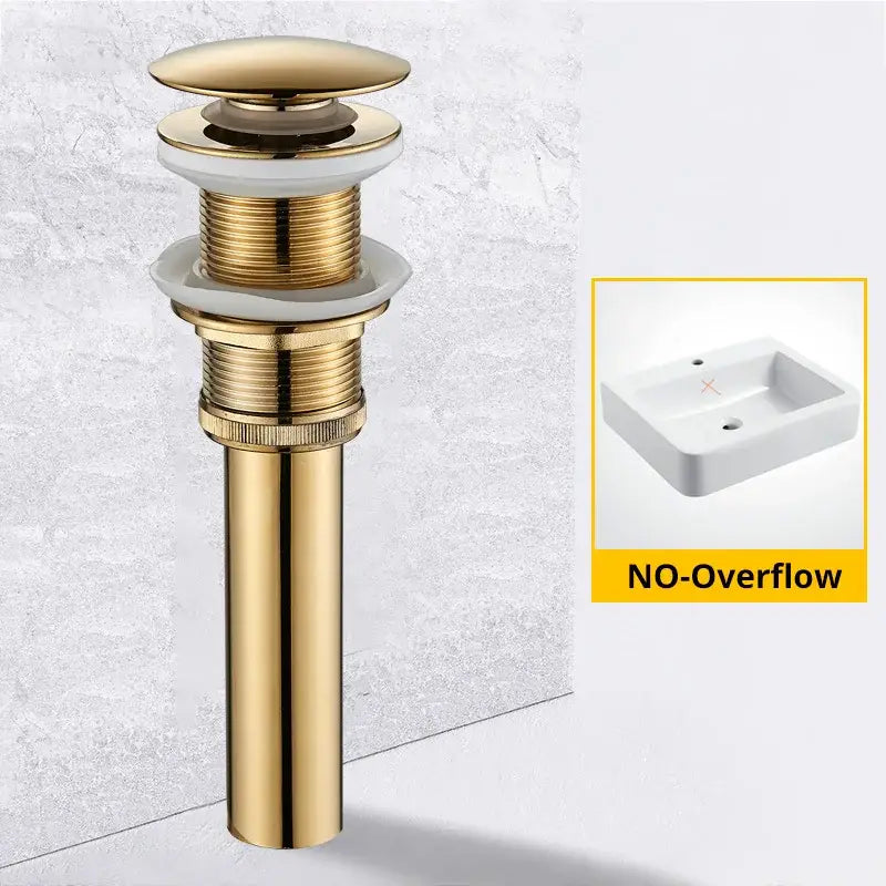 Modern black and gold brass basin sink pop up drain with a sleek gold-colored brass basin sink and white ceramic flanges