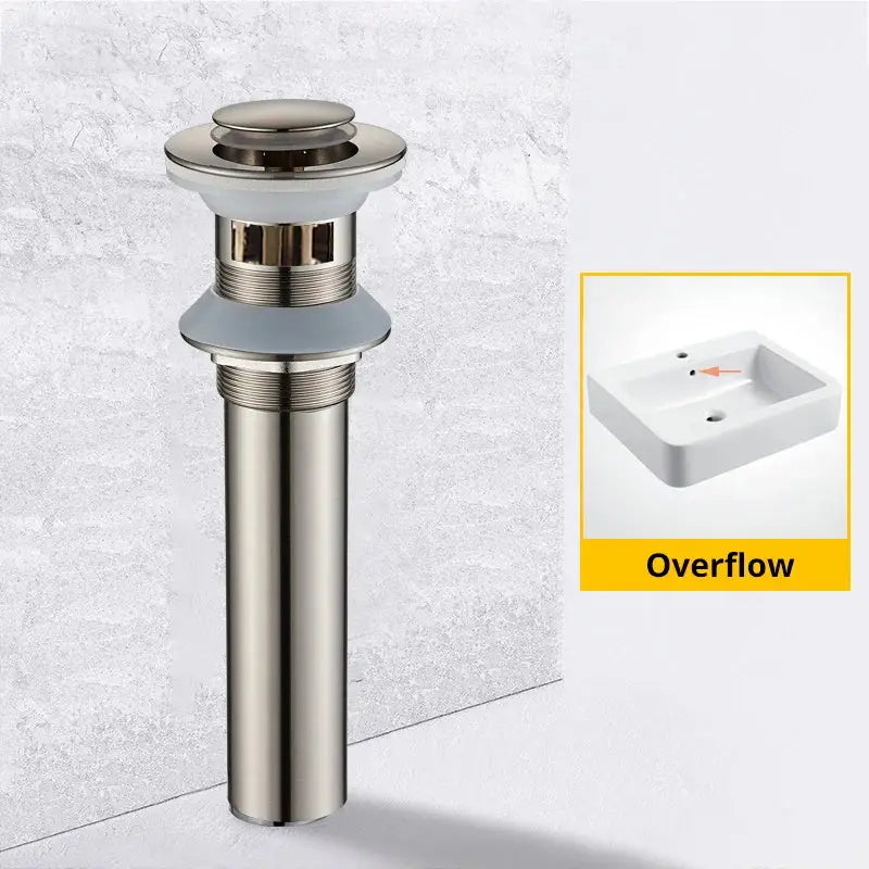 Modern black and gold brass basin sink pop up drain with brushed stainless steel overflow and sleek cylindrical design