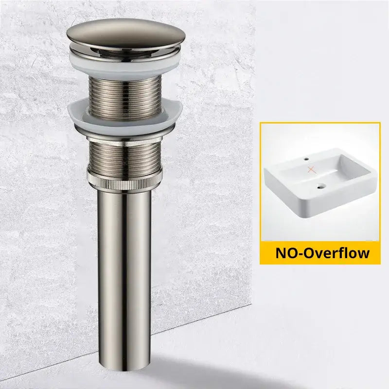 Brushed nickel basin sink pop up drain with sleek cylindrical body and threaded sections for decorbites brass basin use