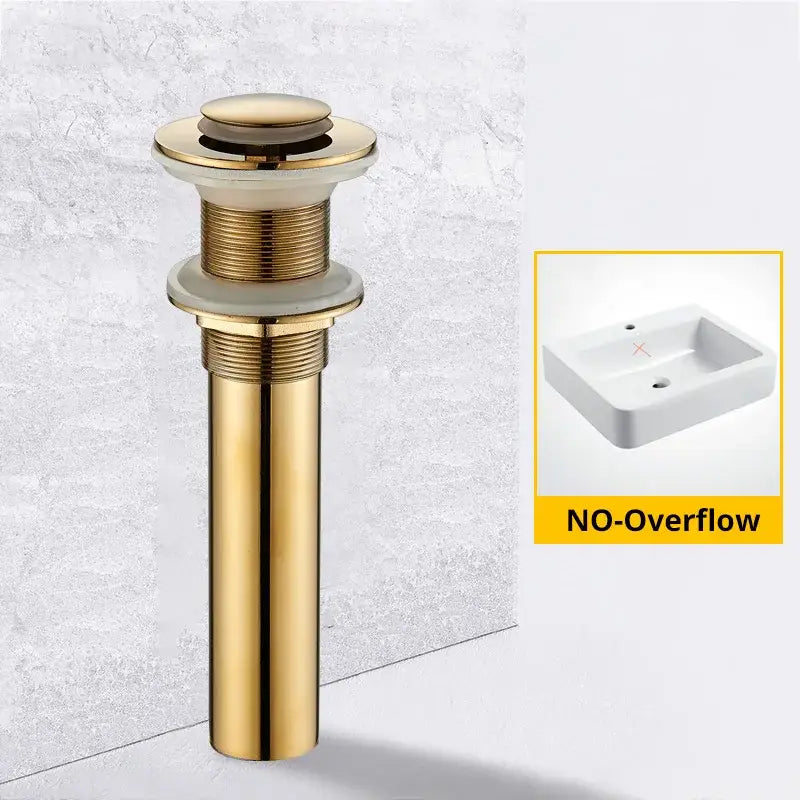Modern black and gold brass basin sink pop up drain with gold-toned metal cylindrical body and threaded sections