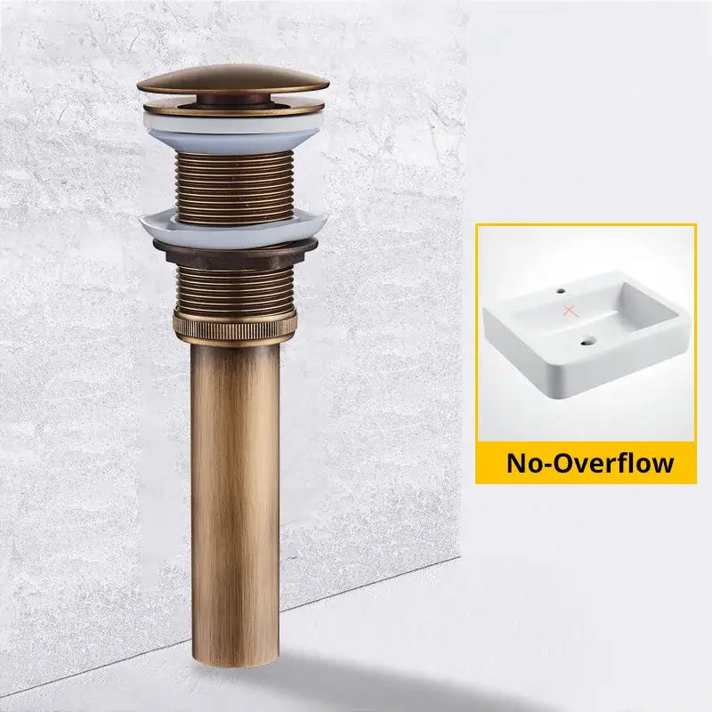Modern black and gold brass basin sink pop up drain with antique brass finish and sleek cylindrical stacked ring design