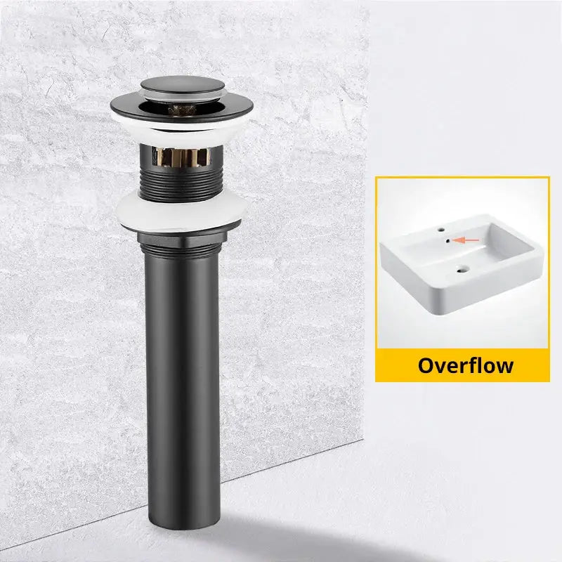 Modern black and gold brass basin sink pop up drain with black matte finish and white ceramic overflow cover
