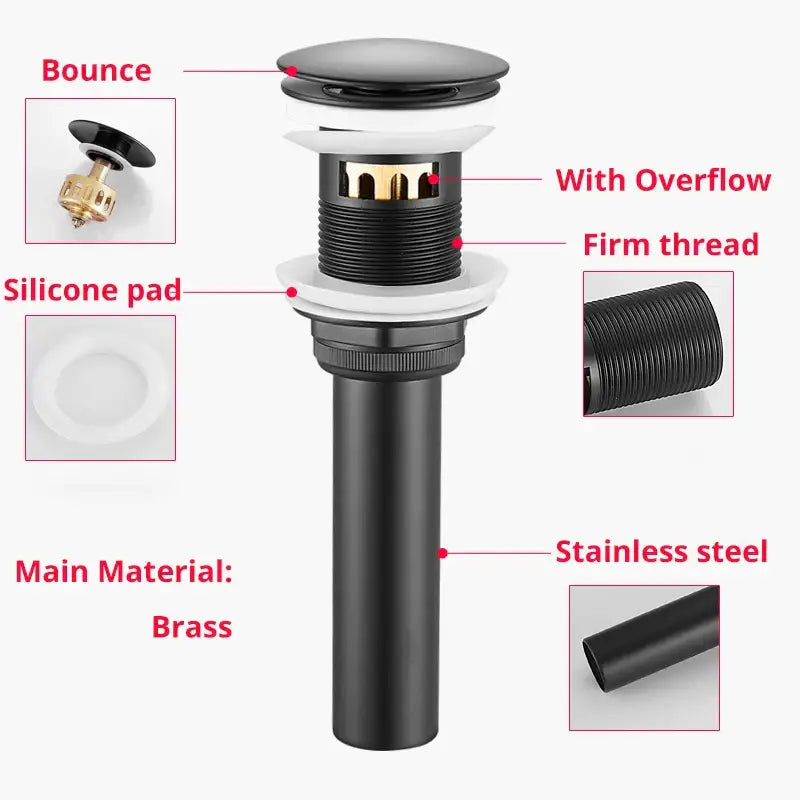 Modern black and gold brass basin sink pop up drain with sleek cylindrical body for decorbites brass basin use