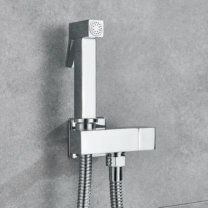 Chrome-finished square shower nozzle with sleek design and flexible hose for modern black and gold brass bidet faucet use